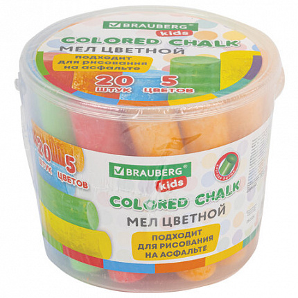 Мел в ведерке для рисования на асфальте 20 штук, 5 цветов, цветной круглый, BRAUBERG KIDS, 272773