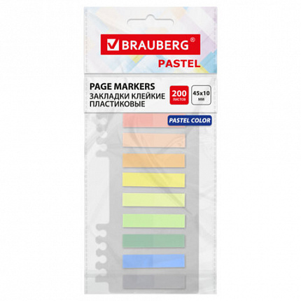 Закладки клейкие пастельные BRAUBERG PASTEL, пластиковые, 45х10 мм, 10 цветов х 20 листов, 115579