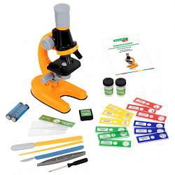 Микроскоп с подсветкой, 30 предметов, в т.ч. набор из 12 микропрепаратов в подарок, увеличение 100х, 400х, 1200х, BRAUBERG KIDS, 391400