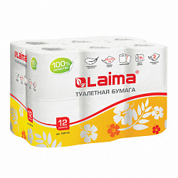 Бумага туалетная бытовая, спайка 12 шт., 2-слойная, (12х18 м), LAIMA, белая, 128718