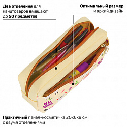 Пенал мягкий ЮНЛАНДИЯ, 2 отделения, полиэстер, "Llama", бежевый, 20х6х9 см, 228981