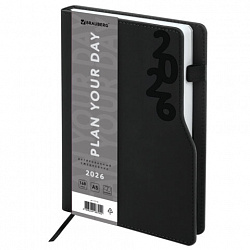 Ежедневник датированный 2026, А5, 150x213 мм, BRAUBERG "Up", под кожу, софт-тач, держатель для ручки, черный, 117116