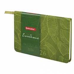Еженедельник датированный 2026 МАЛЫЙ ФОРМАТ 95х155 мм, А6, BRAUBERG "Foliage", под кожу, зеленый, 117198