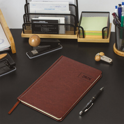 Еженедельник датированный 2026, А5, 145х215 мм, BRAUBERG "Imperial", под кожу, коричневый, 117173