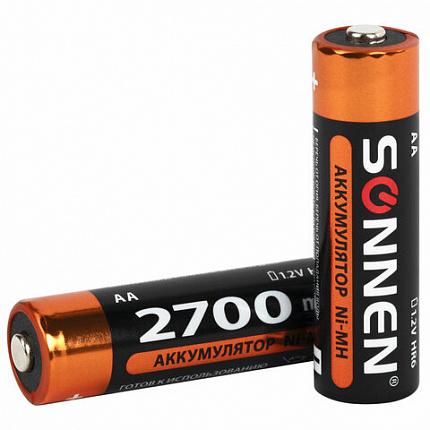 Батарейки аккумуляторные Ni-Mh пальчиковые КОМПЛЕКТ 4 шт., АА (HR6) 2700 mAh, SONNEN, 455607