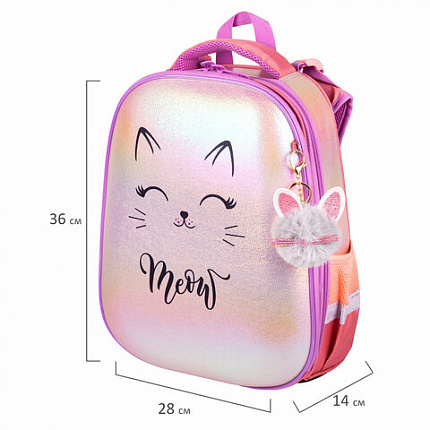 Ранец BRAUBERG SHINY, 2 отделения, с брелком, "Счастливый кот", 38х28х14 см, 270697
