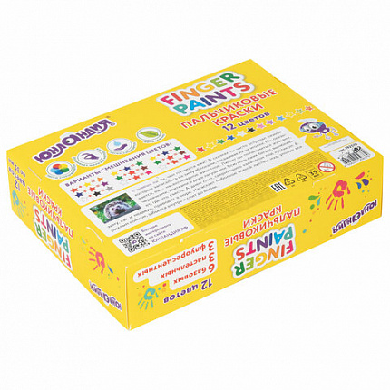 Краски пальчиковые для малышей от 1 года, 12 цветов (6 базовых + 3 пастельных + 3 флуоресцентных) по 35 мл, ЮНЛАНДИЯ, 192570