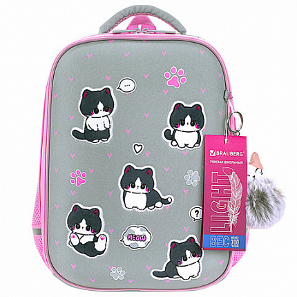 Ранец BRAUBERG LIGHT, 1 отделение, с брелком, "Cat patches", плюшевые нашивки, 36х26х13 см, 272030