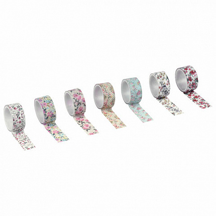 Клейкие WASHI-ленты для декора "ЦВЕТОЧНЫЙ МИКС", 15 мм х 3 м, 7 цветов, рисовая бумага, ОСТРОВ СОКРОВИЩ, 661707