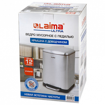 Ведро мусорное с педалью 12 л, крышка с доводчиком, стальное, БЕЗ ОТПЕЧАТКОВ, LAIMA ULTRA, 701568