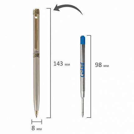 Ручка подарочная шариковая GALANT "Brigitte", тонкий корпус, серебристый, золотистые детали, пишущий узел 0,7 мм, синяя, 141009