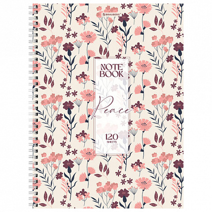 Тетрадь А4, 120 л., BRAUBERG, гребень, клетка, матовая ламинация, "Цветочный паттерн", 405646