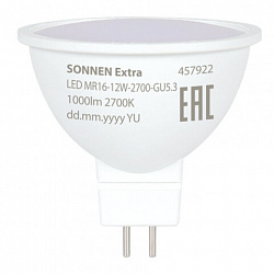 Лампа светодиодная SONNEN EXTRA, 12 (110) Вт, GU5.3, софит, теплый белый, 30000 ч, LED MR16-GU5.3-12W-2700, 457922