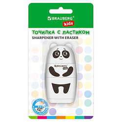 Точилка с ластиком 2 в 1 BRAUBERG KIDS "Панда", 2 отверстия, блистер, 271988