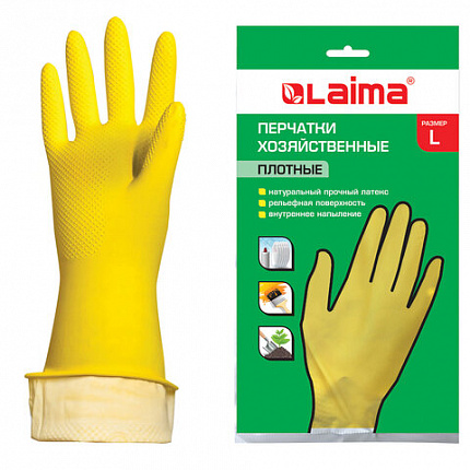 Перчатки МНОГОРАЗОВЫЕ латексные LAIMA "ЛЮКС", хлопчатобумажное напыление, ПЛОТНЫЕ, размер 8-9, L (большой), желтые, вес 55 г, 600043