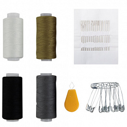 Набор швейный "Армейский", 40 ЛЛ, 200 м, 4 цвета, иглы, нитевдеватель, булавки, DEVELIA (Девелиа), 609631