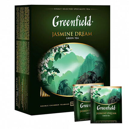 Чай GREENFIELD "Jasmine Dream" зеленый с жасмином, 100 пакетиков в конвертах по 2 г, 0586-09