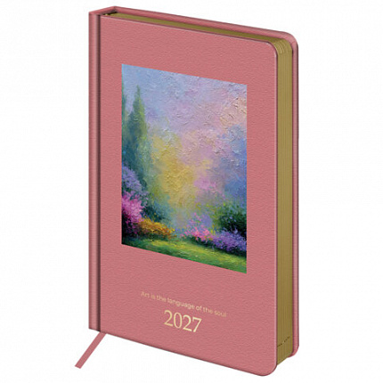 Ежедневник датированный 2027 А5 138х213мм BRAUBERG ArtGallery, под кожу, нашивка, розовый, 118023