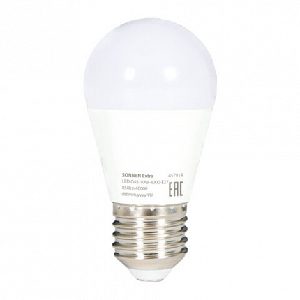 Лампа светодиодная SONNEN EXTRA, 10 (85) Вт, E27, шар, нейтральный белый, 30000 ч, LED G45-10W-4000-Е27, 457914