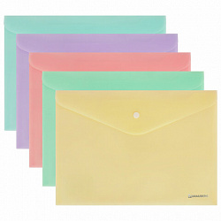 Папка-конверт с кнопкой А4, КОМПЛЕКТ 5 шт., пастельные цвета ассорти, BRAUBERG "PASTEL", 0,18 мм, 272866