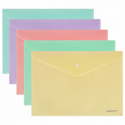 Папка-конверт с кнопкой А4, КОМПЛЕКТ 5 шт., пастельные цвета ассорти, BRAUBERG "PASTEL", 0,18 мм, 272866