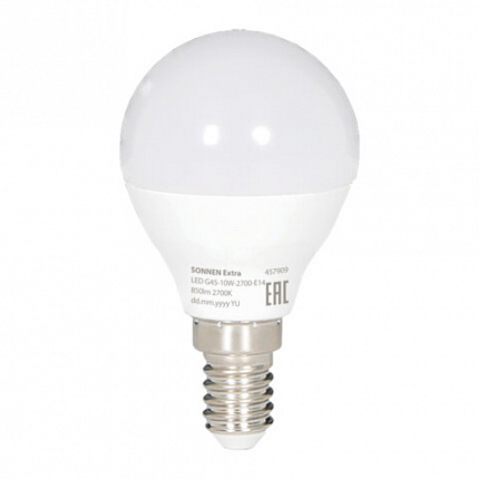 Лампа светодиодная SONNEN EXTRA, 10 (85) Вт, E14, шар, теплый белый, 30000 ч, LED G45-10W-2700-Е14, 457909