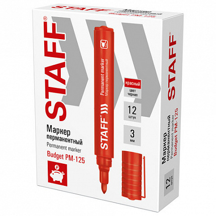 Маркер перманентный STAFF "Basic Budget PM-125", КРАСНЫЙ, круглый наконечник 3 мм, 152176