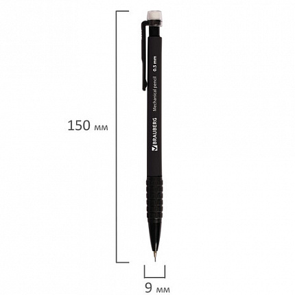 Карандаш механический 0,5 мм, BRAUBERG "Comfort", ластик, резиновый грип, корпус черный, 180284