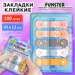 Закладки клейкие Z-сложения FUNSTER (ФАНСТЕР) "Лапки котов", 45х12 мм, 100 шт. (5 цветов х 20 листов), в диспенсере, 116691
