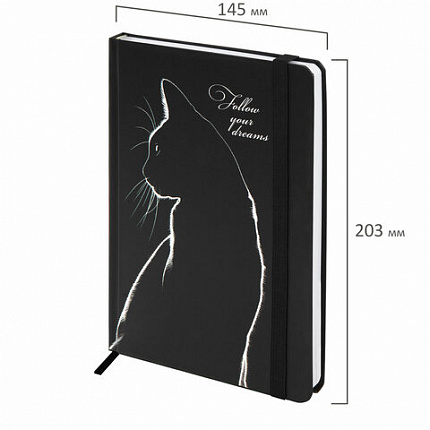 Ежедневник недатированный с резинкой А5 145х203 мм, BRAUBERG, твердый, 160 л., "Black cat", 116305