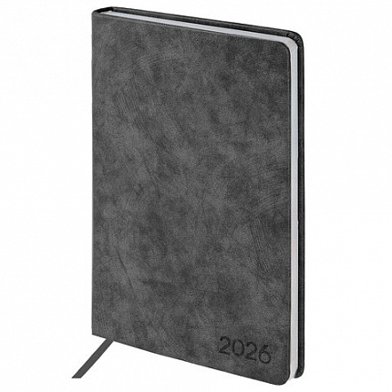 Ежедневник датированный 2026 А5 138х213 мм, BRAUBERG "Ice", под кожу, черный, 117393