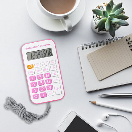 Калькулятор карманный со шнурком BRAUBERG DC-109-WPK (61x110 мм), 8 разрядов, БЕЛЫЙ/РОЗОВЫЙ, 272646
