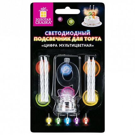 Цифра-подсвечник "9" светодиодная, ЗОЛОТАЯ СКАЗКА, в наборе 4 свечи 6 см, 1 батарейка, 591432