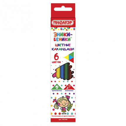 Карандаши цветные ПИФАГОР "ЭНИКИ-БЕНИКИ", 6 цветов, классические, заточенные, 181345