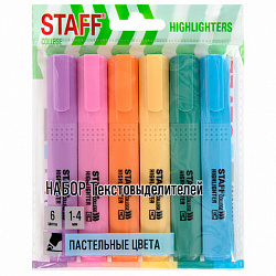 Набор текстовыделителей 6 ПАСТЕЛЬНЫХ ЦВЕТОВ, АССОРТИ, STAFF College "STICK PASTEL", линия письма 1-4 мм, скошенный наконечник, 152532