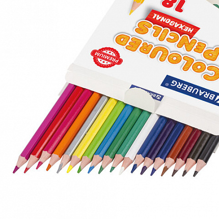 Карандаши цветные BRAUBERG PREMIUM, 18 цветов, пластиковые, шестигранные, грифель мягкий 3 мм, 181667