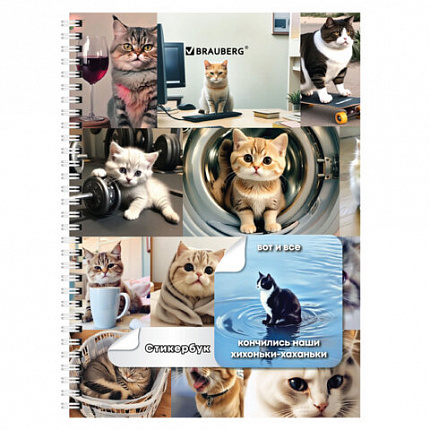 Стикербук ПРОСТО НАКЛЕЙ А6, 16 листов, 96 цветных стикеров, на гребне, BRAUBERG, "Коты мемы", 666050