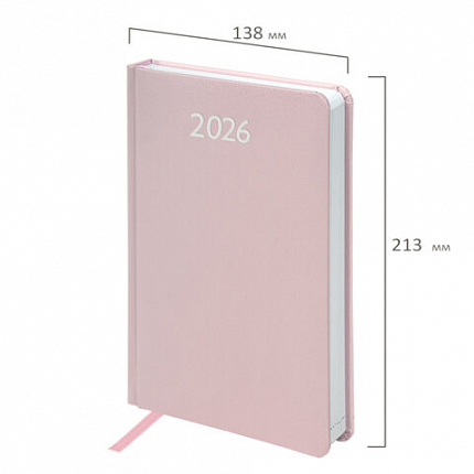 Ежедневник датированный 2026, А5, 138x213 мм, BRAUBERG "Profile", балакрон, светло-розовый, 117075