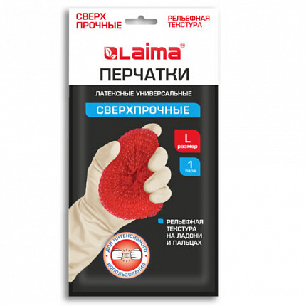 Перчатки МНОГОРАЗОВЫЕ латексные LAIMA "ULTRA" СВЕРХПРОЧНЫЕ, бежевые, размер L (большой), вес 96 г, 700548