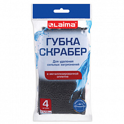 Губка-скрабер 11х10х1,5 см, поролон + металлическая оплетка, КОМПЛЕКТ 4 штуки, посуда, уборка, LAIMA, 700059