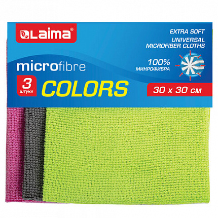 Салфетки из МИКРОФИБРЫ универсальные, 30х30 см, КОМПЛЕКТ 3 шт., ассорти (розовый, зеленый, серый), 180 г/м2, LAIMA, 700054