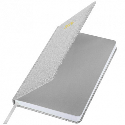 Ежедневник датированный 2026, А5, 138x213 мм, BRAUBERG "Sparkle", под кожу, блестки, серебристый, 117440