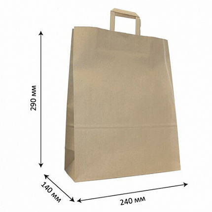 Крафт-пакет бумажный 24х14х29 см, плоские ручки, плотность 90 г/м2, 110517