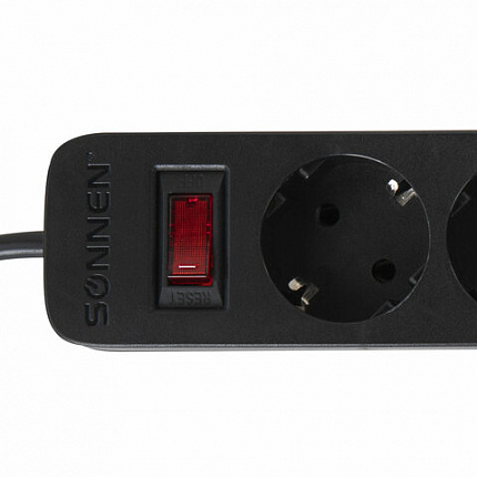Сетевой фильтр SONNEN SPB-305, 5 розеток с заземлением, выключатель, 10 А, 3 м, черный, 513657