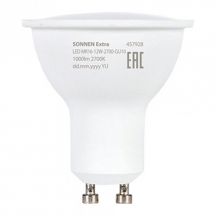 Лампа светодиодная SONNEN EXTRA, 12 (110) Вт, GU10, софит, теплый белый, 30000 ч, LED MR16-GU10-12W-2700, 457928