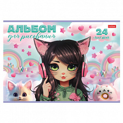 Альбом для рисования А4 24 л., скоба, обложка картон, HATBER, 205х290 мм, "Девочка-кошка", 085145, 24А4В