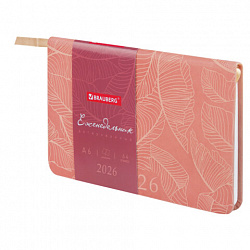 Еженедельник датированный 2026 МАЛЫЙ ФОРМАТ 95х155 мм, А6, BRAUBERG "Foliage", под кожу, розовый, 117199