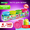 Пластилин-тесто для лепки BRAUBERG KIDS, 4 цвета, 560 г, яркие неоновые цвета, крышки-штампики, 106716