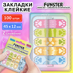 Закладки клейкие Z-сложения FUNSTER (ФАНСТЕР) "Лапки собак", 45х12 мм, 100 шт. (5 цветов х 20 листов), в диспенсере, 116693