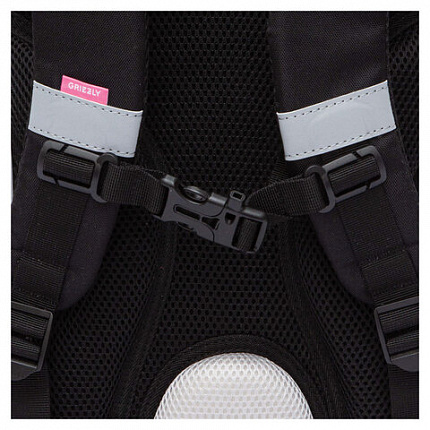 Ранец GRIZZLY анатомическая спинка, с мешком для обуви, для девочек, "BLACKY", серый, 33х25х13 см, RAm-584-1/2